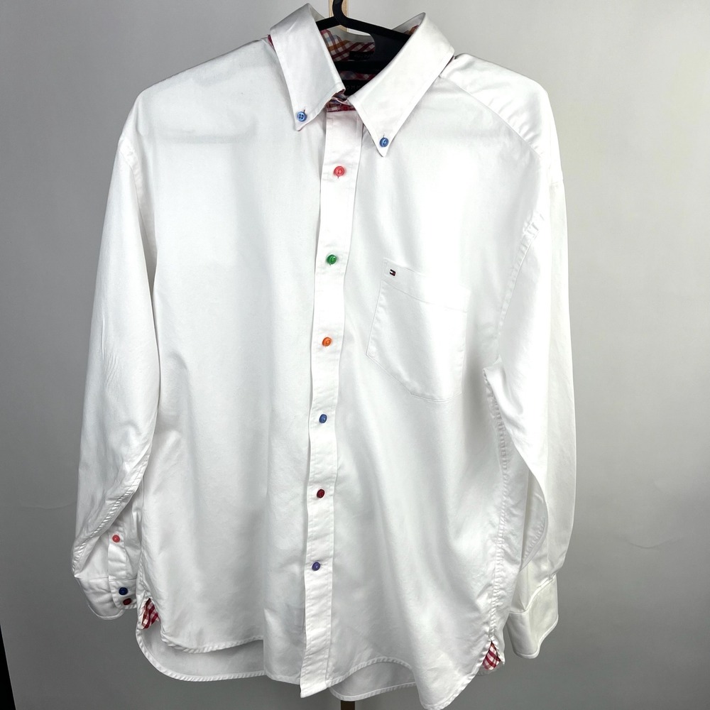 Tommy Hilfiger Button Down Shirt Mens Large White Multi Color Buttons Gingham L